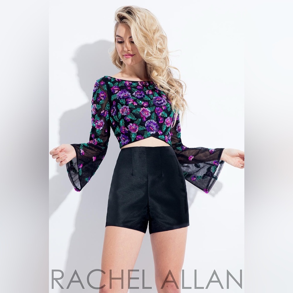 Rachel Allan Floral Embroidered Bell Sleeve Crop Top Set